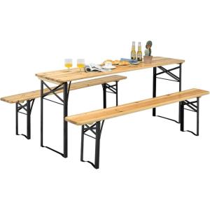 Giantex 70” 3-Piece Portable Folding Picnic Beer Table with Seating Set Wooden Top Picnic Table for Patio Outdoor Activities Garden Use, 30” Table Height(Black(iron Frame); Wooden(tabletop & Chair Seats))