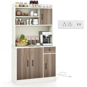 Giantex 71″ Buffet Hutch Cabinet with Power Outlet, Kitchen Hutch Sideboard, Buffet Pantry on Island, Wood Kitchenware Server with Drawer, Shelf and Storage Cabinet (White & Walnut)(White & Walnut)