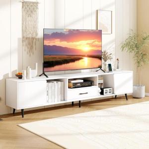 Giantex 79″ White TV Stand with Power Outlets, Modern Entertainment Center w/ 3 Open Shelves, 2 Side Cabinets & Drawer, Media TV Console Table for Living Room Bedroom, Television Stands for 90 Inch TV