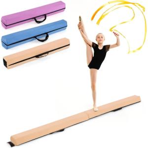 Giantex 7FT/8FT/9FT Balance Beam, Folding Gymnastics Beam w/Carry Handles, Floor Foam Gymnastics Equipment for Kids, Non Slip Rubber Base for Exercise, Practice & Professional Home Training(Khaki)