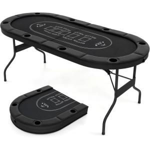 Giantex 8 Player Poker Table Foldable, 72″ Portable Folding Texas Holdem Poker Tables w/Padded Rails, Cup Holders, Casino Grade Felt Surface, Oval Card Game Poker Table for Game Room (Black)(Black)