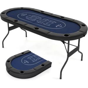 Giantex 8 Player Poker Table Foldable, 72″ Portable Folding Texas Holdem Poker Tables w/Padded Rails, Cup Holders, Casino Grade Felt Surface, Oval Card Game Poker Table for Game Room (Black)(Black+blue)