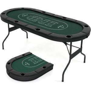 Giantex 8 Player Poker Table Foldable, 72″ Portable Folding Texas Holdem Poker Tables w/Padded Rails, Cup Holders, Casino Grade Felt Surface, Oval Card Game Poker Table for Game Room (Black)(Black+green)