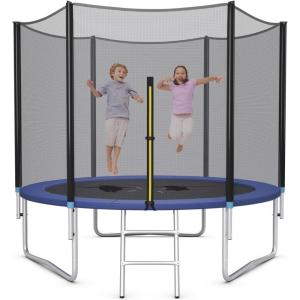 Giantex 8Ft 10Ft 12Ft 14Ft 15Ft 16Ft Trampoline for Kids Adults, ASTM Approved Trampoline with Net, Thickness Steel Pipes Wear-Resistant All Weather Outdoor Large Recreational Trampoline with Ladder(Light Blue)