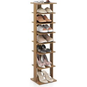 Giantex 8-Tier Vertical Shoe Rack, Patented Corner Shoe Storage Organizer for 8 Pairs, Freestanding Narrow Shoe Rack, Morden Space-Saving Shoe Tower for Entryway, Living Room, Bedroom (White, Single)(Natural)