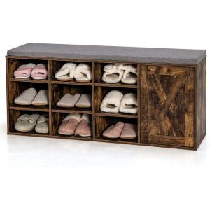 Giantex 9 Cubes Shoe Bench with Storage, Adjustable Shelves Storage Bench Rack with Removable Padded Cushion, 3 Tier Shoe Storage Bench with Cabinet for Entryway, Hallway, Rustic Brown(Rustic Brown)