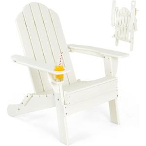 Giantex Adirondack Chair Outdoor Folding Chairs, HDPE Weather Resistant Patio Chair with Built-in Cup Holder Lawn Chair for Patio, Backyard, Balcony, Deck Outside Plastic Fire Pit Chair (4, Grey)(White)