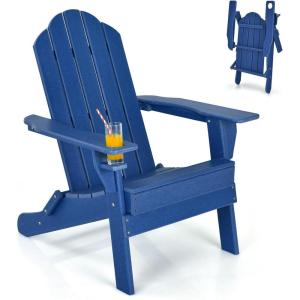 Giantex Adirondack Chair Outdoor Folding Chairs, HDPE Weather Resistant Patio Chair with Built-in Cup Holder Lawn Chair for Patio, Backyard, Balcony, Deck Outside Plastic Fire Pit Chair (4, Grey)(Navy)