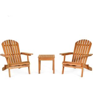 Giantex Adirondack Chair Set 3-Piece Foldable Wooden Chairs Set W/Widened Armrest, Eucalyptus Frame and Side Table Outdoor & Indoor Table Set for Patio Poolside Garden, Set of 3 Wooden Lounger Chair