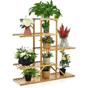 Giantex Bamboo 5 Tier 10 Potted Plant Stand, Indoor Outdoor Multiple Flower Pot Holder Display Rack, 39” High Wood Plant Shelf for Living Room Corner Balcony Garden Office (Natural)