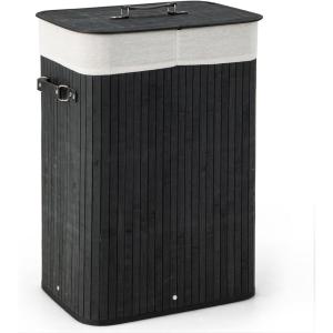Giantex Bamboo Laundry Hamper with Lid, 72L Large & Tall Clothes Hamper with Removable Liner & Handles, Rectangular Laundry Basket for Small Spaces, Laundry Room, Bedroom (Brown)(Black)