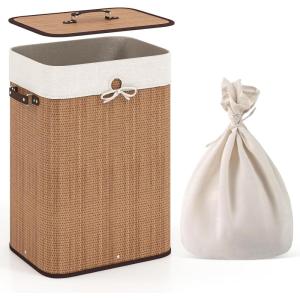 Giantex Bamboo Laundry Hamper with Lid, 72L Large & Tall Clothes Hamper with Removable Liner & Handles, Rectangular Laundry Basket for Small Spaces, Laundry Room, Bedroom (Brown)(Bamboo)