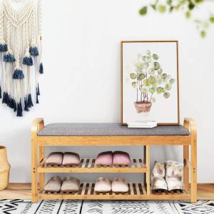 Giantex Bamboo Shoe Bench,3-Tier Entryway Bench with Cushion,Max Load 330 LBS, Modern Stool Storage Shelf for Bedroom Living Room Hallway (Natural and Grey)(Natural and Grey)