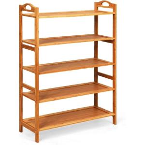 Giantex Bamboo Shoe Rack 5 Tier, Freestanding Shoe Rack with Two Rounded Handle for 15 Pairs, Entryway Standing Shoe Storage Organizer for Kitchen, Living Room, Entryway (5-Tier)(5-Tier)