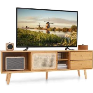 Giantex Bamboo TV Stand for 55 60 65 Inch TV, PE Rattan Entertainment Center with Sliding Doors, Drawers, Open Shelves, 5 Solid Wood Legs, 2 Cable Holes, TV Console Table for Living Room, Bedroom