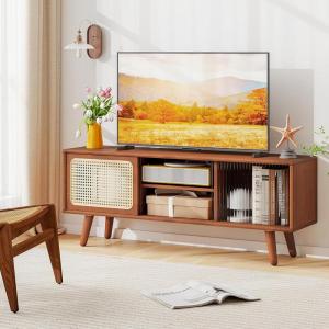 Giantex Bamboo TV Stand for TVs up to 55″, Mid Century Modern Entertainment Center w/ 3-Level Adjustable Shelf, PE Rattan, Tempered Glass Sliding Door, Media TV Console Table for Bedroom (Natural)(Walnut)