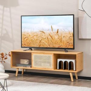 Giantex Bamboo TV Stand for TVs up to 55″, Mid Century Modern Entertainment Center w/ 3-Level Adjustable Shelf, PE Rattan, Tempered Glass Sliding Door, Media TV Console Table for Bedroom (Natural)(Natural)