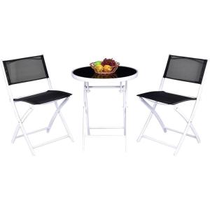 Giantex Bistro Table Set, 3 Piece Patio Bistro Set, Outdoor Folding Table and Chairs, Foldable Patio Dining Set, Porch Furniture Set Garden Backyard Metal Frame No Assembly, Black(Black)
