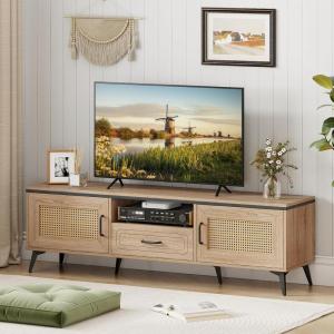 Giantex Boho TV Stand for Tvs up to 65″, Wood Entertainment Center with Storage Cabinets, Drawer, Cable Hole, Metal Legs, Mid Century Modern TV Console Table w/Rattan Doors for Living Room Bedroom
