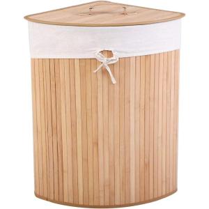 Giantex Corner Laundry Hamper with Lid, Bamboo Laundry Basket with Removable Liner and Handle, Clothes Basket for Cloth Organize, Clothes Storage Bin for Bedroom, Laundry, Living Room (Beige)