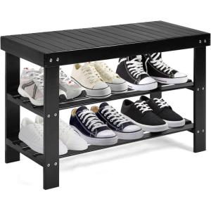 Giantex Entryway Shoe Bench, Bamboo Shoe Shelf Organizer Holds up to 6 Pairs, 3-Tier Natural Shoe Storage Rack Heels, Slippers for Entry, Living Room, Bathroom (Natural)(Black)