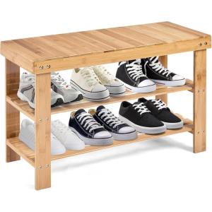 Giantex Entryway Shoe Bench, Bamboo Shoe Shelf Organizer Holds up to 6 Pairs, 3-Tier Natural Shoe Storage Rack Heels, Slippers for Entry, Living Room, Bathroom (Natural)(Natural)