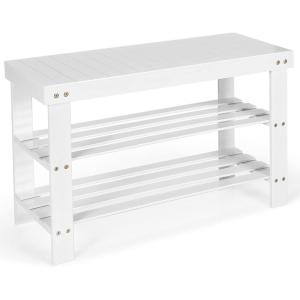Giantex Entryway Shoe Bench, Bamboo Shoe Shelf Organizer Holds up to 6 Pairs, 3-Tier Natural Shoe Storage Rack Heels, Slippers for Entry, Living Room, Bathroom (Natural)(White)