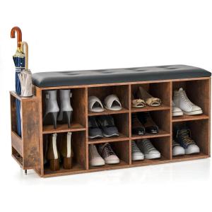Giantex Entryway Storage Bench with Umbrella Stand, 10-Cube Storage Bench with Adjustable Shelf & PU Leather Padded Cushion, Shoe Rack Organizer for Living Room, Bedroom & Checkroom, Rustic Brown