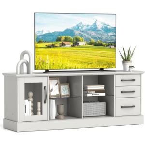 Giantex Farmhouse TV Stand for 73 Inch TV, Wood TV Console Table w/Removable Glass Shelves, Cable Management Holes & Drawers, Rustic Entertainment Center with Storage for Living Room, Bedroom, Grey(Grey)