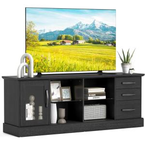 Giantex Farmhouse TV Stand for 73 Inch TV, Wood TV Console Table w/Removable Glass Shelves, Cable Management Holes & Drawers, Rustic Entertainment Center with Storage for Living Room, Bedroom, Grey(Black)
