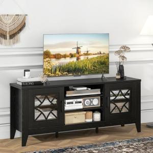 Giantex Farmhouse TV Stand for TVs up to 65″, Entertainment Center with 4 Adjustable Storage Shelves & Tempered Glass Doors, Modern TV Console Table for Bedroom, Living Room(Black)
