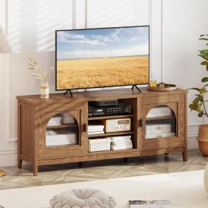 Giantex Farmhouse TV Stand for TVs up to 65″, Entertainment Center with 4 Adjustable Storage Shelves & Tempered Glass Doors, Modern TV Console Table for Bedroom, Living Room(Walnut)