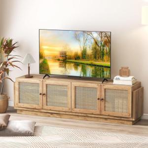 Giantex Farmhouse TV Stand for TVs up to 75″, 4-Door PE Rattan Entertainment Center w/ 2 Cabinets, Adjustable Shelves, 8 Cable Holes, Mid Century Modern Media Console Table for Living Room, TV Cabinet
