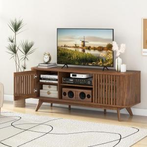 Giantex Fluted TV Stand for TVs up to 60″, Mid Century Modern Entertainment Center w/Storage, 2-Door TV Cabinet w/Adjustable Shelves, Media Console Table for Living Room, Bedroom, Walnut