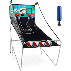 Giantex Foldable Basketball Arcade Game, 8 Game Options, Electronic Double Shot 2 Player w/ 4 Balls and LED Scoring System, Indoor Basketball Game for Kids, Adults, Black & Silver(Blue)