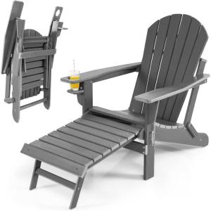 Giantex Folding Adirondack Chair, HDPE Patio Chairs Fire Pit Lounge Chair W/Retractable Ottoman & Cup Holder, Weatherproof Outdoor Adirondack Chairs for Porch, Garden, Backyard (1, Gray)(Grey)