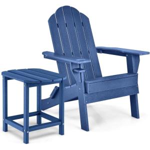 Giantex Folding Adirondack Chair Set, HDPE Weather Resistant Fire Pit Chair Set with 18-Inch Outdoor Side Table, Cup Holder, Lounge Set for Outside, Deck, Backyard, Porch, Poolside, White(Navy)