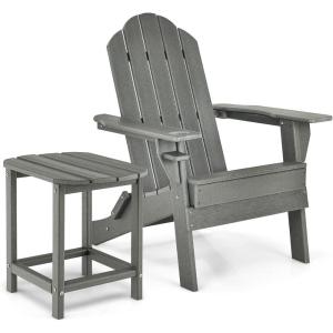 Giantex Folding Adirondack Chair Set, HDPE Weather Resistant Fire Pit Chair Set with 18-Inch Outdoor Side Table, Cup Holder, Lounge Set for Outside, Deck, Backyard, Porch, Poolside, White(Grey)