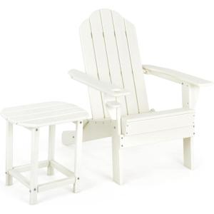 Giantex Folding Adirondack Chair Set, HDPE Weather Resistant Fire Pit Chair Set with 18-Inch Outdoor Side Table, Cup Holder, Lounge Set for Outside, Deck, Backyard, Porch, Poolside, White(White)
