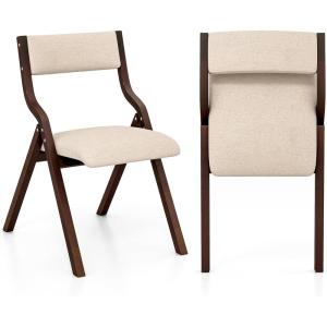 Giantex Folding Dining Chairs Set of 2, No Assembly Required with Linen Padded Seats, Wooden Foldable Kitchen & Party Chairs, Easy to Store for Extra Events(Coffee+beige)