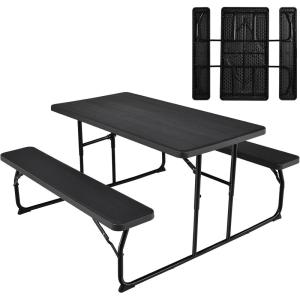 Giantex Folding Picnic Table Bench Set, Outdoor Dining Table Set, Large Camping Table for Patio Deck Lawn Garden Backyard Poolside, Portable Picnic Tables, Weather Resistant Metal Frame, Black(Black)