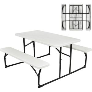 Giantex Folding Picnic Table Bench Set, Outdoor Dining Table Set, Large Camping Table for Patio Deck Lawn Garden Backyard Poolside, Portable Picnic Tables, Weather Resistant Metal Frame, Black(White)