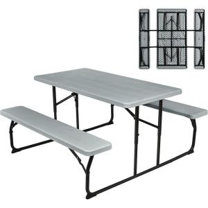 Giantex Folding Picnic Table Bench Set, Outdoor Dining Table Set, Large Camping Table for Patio Deck Lawn Garden Backyard Poolside, Portable Picnic Tables, Weather Resistant Metal Frame, Black(Grey)