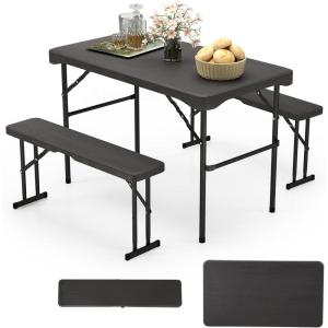 Giantex Folding Picnic Table Bench Set, Rectangular Patio Dining Table Set for 4, with HDPE Tabletop, Metal Frame, Space-Saving and Portable for Camping Party Dining BBQ (Black)(Black)