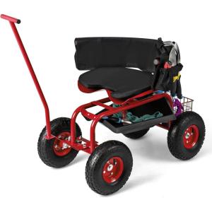 Giantex Garden Cart, Rolling Workseat with 4 Wheels, Tool Tray, Removable Cushion, Storage Basket, 2 Handles, Adjustable Height & 360 Swivel Work Seat, Gardening Stool for Patio Lawn Garden Yard(Red & Black)
