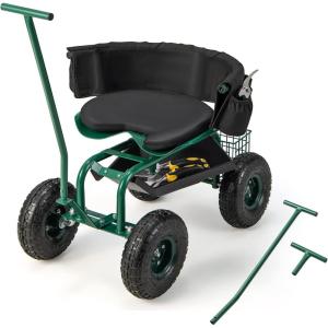 Giantex Garden Cart, Rolling Workseat with 4 Wheels, Tool Tray, Removable Cushion, Storage Basket, 2 Handles, Adjustable Height & 360 Swivel Work Seat, Gardening Stool for Patio Lawn Garden Yard(Green & Black)