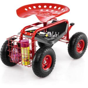 Giantex Garden Cart with Seat, Rolling Garden Seat with Wheels, Tools Basket, 360 Swivel Gardening Workseat, Adjustable Height, Wagon Scooter for Patio Lawn Yard, Outdoor Steerable Stool (Green)(Red)