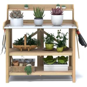 Giantex Garden Potting Bench, Galvanized Steel Top, 6 Hooks, 2 Tier Storage Shelves, Wood Workstation for Indoor Outdoor Gardening Planting Garage Tools, Potted Plant, Worktable 41.5″x19.5″x48″