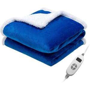 Giantex Heated Electric Blanket Throw, Reversible Flannel & Sherpa Fleece Blanket with 10 Heat Levels, 9 Hours Auto Shut-Off, Overheat Protection, 50” X 60” Machine Washable, Heating Blanket(Red)(Navy)