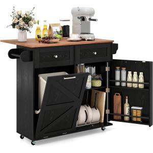 Giantex Kitchen Island Cart with Hidden Tilt Out Trash Can Cabinet, Drop Leaf, 2 Drawers, Towel Rack, Rolling Mobile Breakfast Bar Table, Wood Kitchen Storage Cart on Wheels (White & Natural)(Black & Natural)